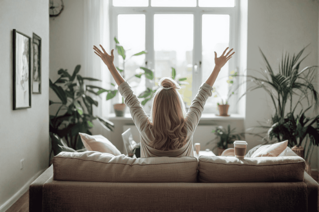 Frau sitzt auf Couch und freut sich über Amex Rewards Punkte Booster